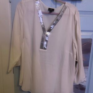 JM Collection White Blouse with Silver Sequin Trim